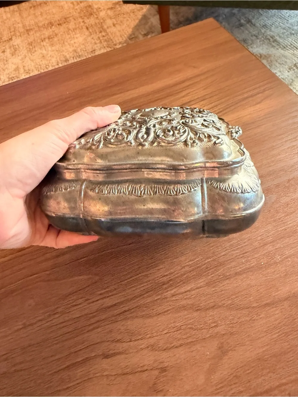 VTG Silver Plated Repousse Jewelry Trinket Box Red Velvet Lined Scroll Design